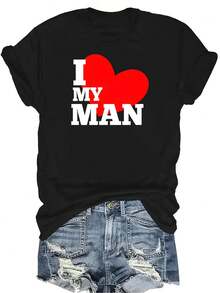 Camiseta "Amo a mi hombre" para mujer, unisex, de verano, casual, transpirable, con personalidad, cuello redondo, manga corta, ropa de calle, versátil, adecuada para adolescentes y adultos - Negro - Ver 1