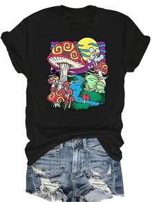 Camiseta con estampado de setas para mujer y unisex, de verano, casual, transpirable, con cuello redondo, manga corta, estilo urbano y versátil, adecuada para adolescentes y adultos - Negro - Ver 1