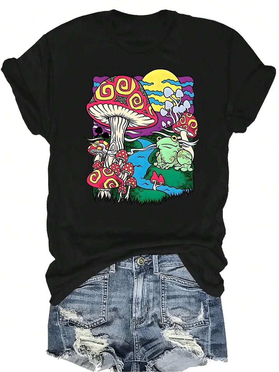Camiseta con estampado de setas para mujer y unisex, de verano, casual, transpirable, con cuello redondo, manga corta, estilo urbano y versátil, adecuada para adolescentes y adultos - Negro - Ver 1