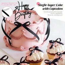 10 PCS Black Bow Cake Toppers With Happy Birthday Sign - Vintage Ribbon Cupcake Toppers Birthday Party Decorations Coquette Theme Anniversary Wedding Decor Cake Decorating Supplies Black