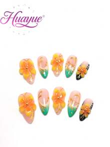 10 Pieces Made By Hand, 2.5 Cm Almond-Shaped Decorative Nails, Beach Essentials, Nail Patch, Press-On Nails, Nails, Supplies, Summer Nails, Press-On Acrylic Nails, Long Nails, French Style, Gradient, Pink Ice Flowers, Blue Butterflies, Golden Butterflies, Stars, Pearls, Blush, Petals, 3D Styling, 3D Embroidery, 3D Three-Dimensional Sculpture Modeling Glue,
