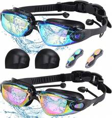 Conjunto de Gafas de Natación que Incluye Gafas de Natación con Lente de Protección UV, Gorro de Natación, Auriculares para Hombres y Mujeres, Adultos y Niños - Paquete de 2-azul polvo - Ver 4