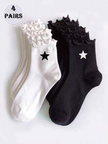 4 Pairs Cute Women's Ruffle Trim Mid-Calf Socks, Star Pattern Sweet Japanese Style, Essential For Daily Wear, Fall Socks - Black and White - View 6