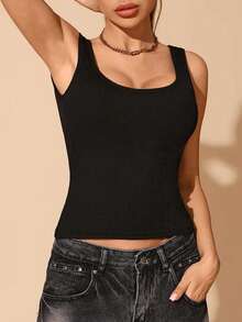 1 件无缝针织面料提臀柔软弹力吊带背心，二合一，内置加垫肩带，黑色，休闲百搭无袖上衣，适合春夏秋冬