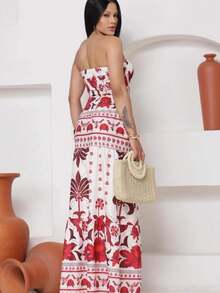 Look Of Millions!!! Long Strapless Dress With Floral Print - Printed Red - View 3