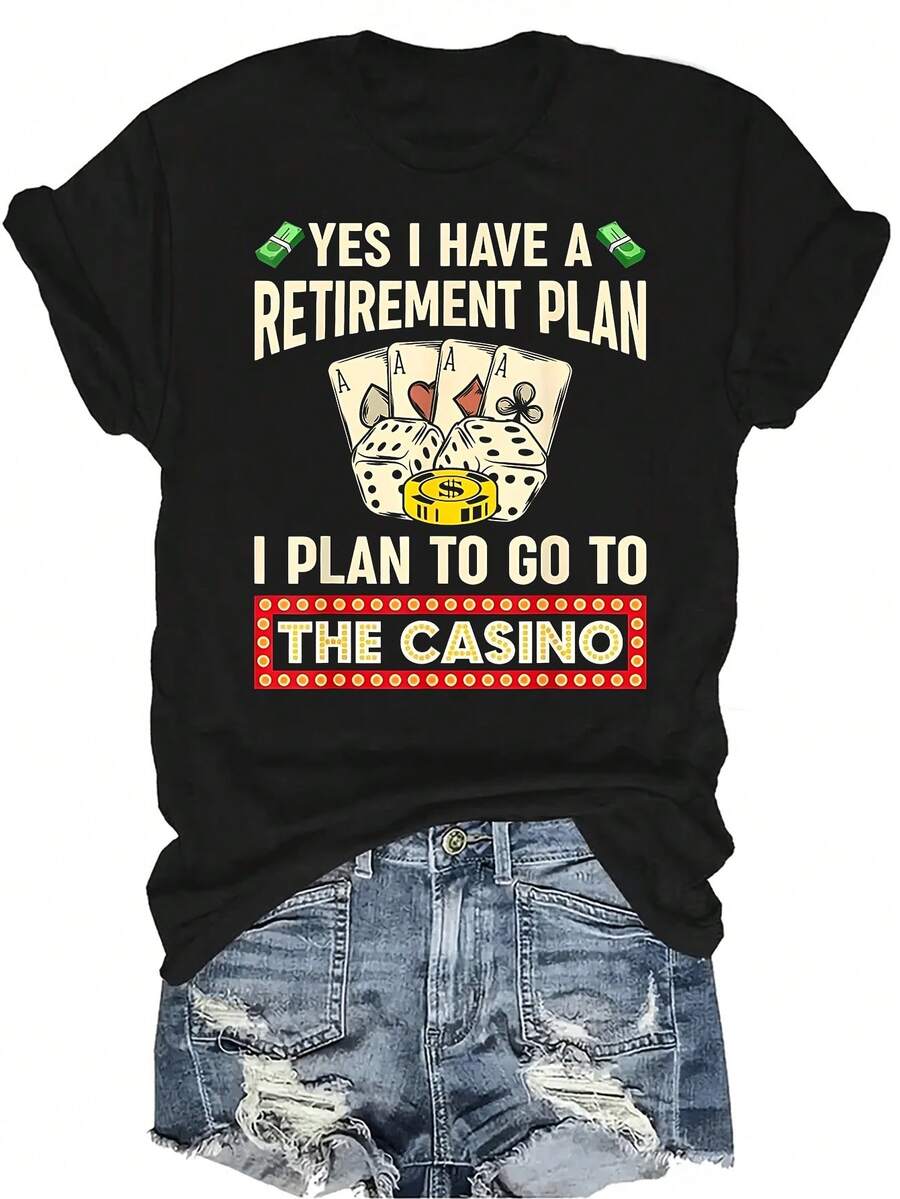 Camiseta de mujer y unisex con diseño divertido de plan de jubilación, abuelo, papá, casino, juego de póker, de manga corta, cuello redondo, transpirable y de uso casual, adecuada para adolescentes y adultos - Negro - Ver 1