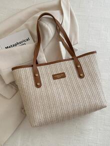 Straw Woven Tote Bag For Women, Fashion Vacation Beach Bag, Large Capacity Versatile Commuter Shoulder Bag - Coffee Brown - View 7