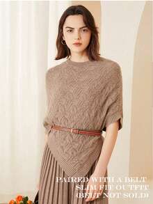 1pc Women 100% Merino Wool Poncho, Turtleneck Loose Knit Wrap Scarf, Asymmetrical Oversized Cape Shawl For Dress