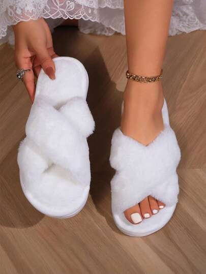 舒适温暖的卧室拖鞋，时尚女士家居拖鞋，轻便毛绒拖鞋，四季鞋，新娘拖鞋，一脚蹬平底鞋，简约时尚，适合秋冬季、婚礼季节、日常穿着