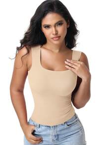 Women's Built-In Bra Tank Top Ribbed Slim Fit Wirefree Shelf Padded Tank Shirts Wide-Strap Square Neck Undershirt - Khaki - View 4