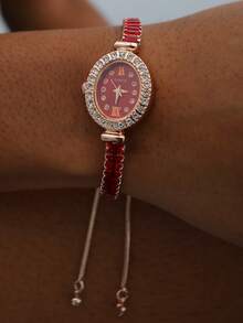 1pc Casual Versatile Oval Crystal Embellished Women's Watch, Customized Engraved Watches