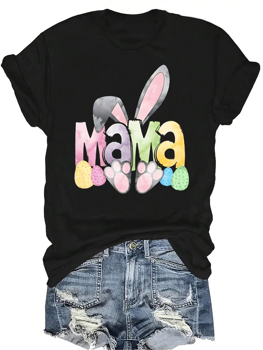 Camiseta de Mamá Conejito de Pascua para Mujer Unisex, Casual de Verano, Transpirable, de Personalidad, Cuello Redondo, Manga Corta, Calle, Versátil, Adecuada para Adolescentes y Adultos - Negro - Ver 1