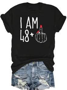 Soy 48 talla grande 1 dedo medio divertido Camiseta de 49 años para mujeres Unisex Verano Casual Transpirable Personalidad Cuello redondo Manga corta Camiseta Ropa de calle Versátil, Adecuado para adolescentes y adultos - Negro - Ver 1