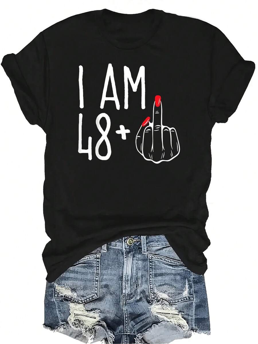 Soy 48 talla grande 1 dedo medio divertido Camiseta de 49 años para mujeres Unisex Verano Casual Transpirable Personalidad Cuello redondo Manga corta Camiseta Ropa de calle Versátil, Adecuado para adolescentes y adultos - Negro - Ver 1