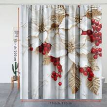1PC Festive Christmas Morning Shower Curtain ,Red Berry And White Flower Pattern Shower Curtain- Polyester With Hooks, Easy-Care, Holiday Spirit Design Bathroom Decor
