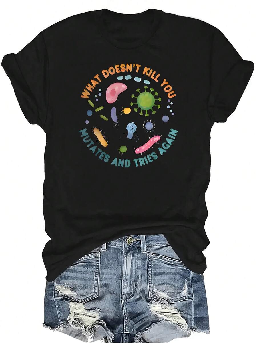 Camiseta con patrones interesantes para mujer y unisex, de verano, casual, transpirable, con personalidad, cuello redondo, manga corta, estilo urbano, versátil, adecuada para adolescentes y adultos - Negro - Ver 1