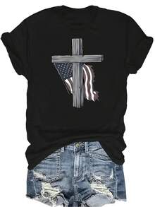 Camiseta con patrones interesantes para mujer y unisex, de verano, casual, transpirable, con cuello redondo, manga corta, estilo urbano y versátil, adecuada para adolescentes y adultos - Negro - Ver 1