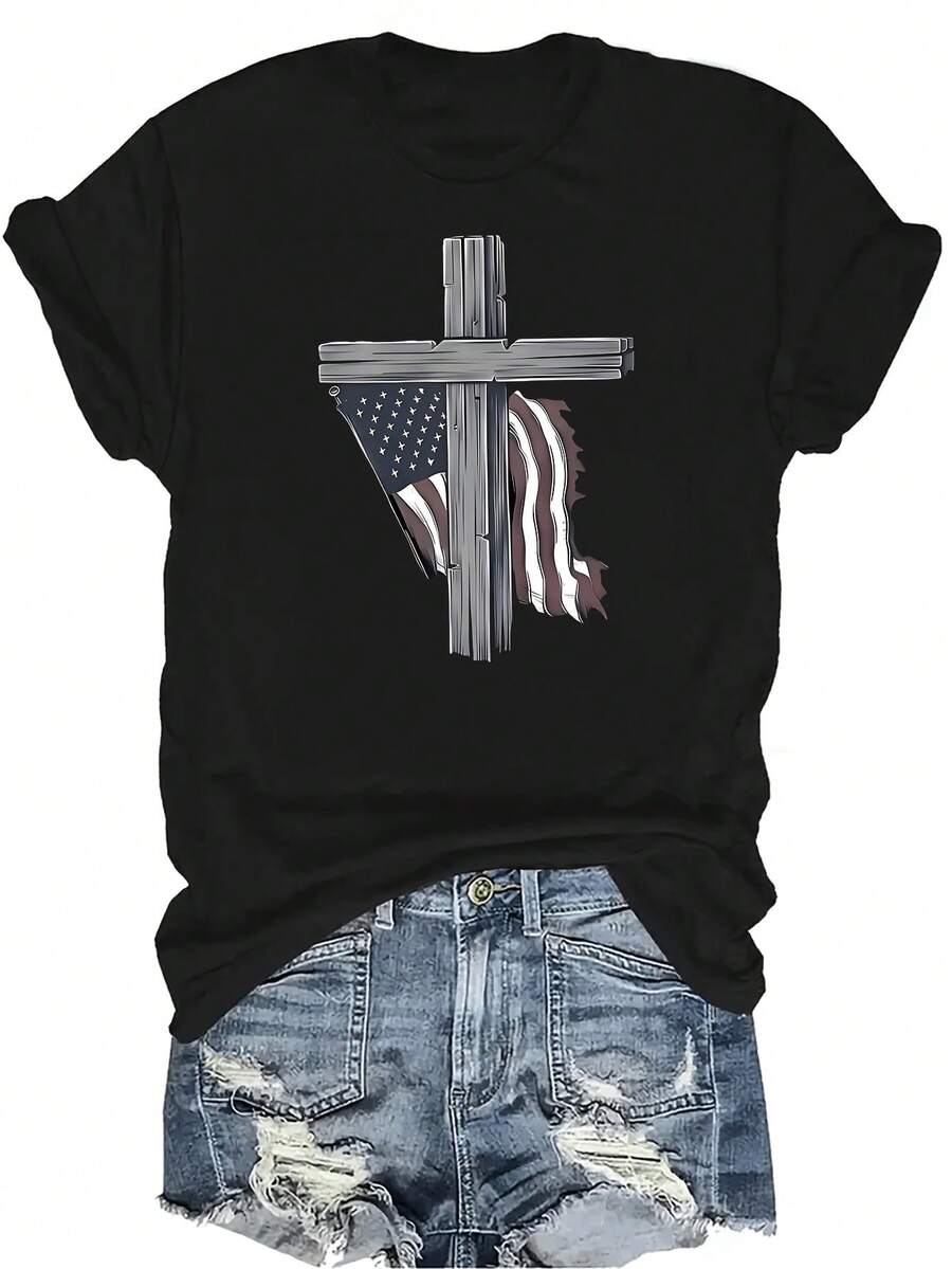 Camiseta con patrones interesantes para mujer y unisex, de verano, casual, transpirable, con cuello redondo, manga corta, estilo urbano y versátil, adecuada para adolescentes y adultos - Negro - Ver 1