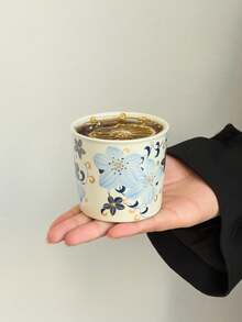 1件套复古简约陶瓷咖啡杯碟套装，百合图案功夫茶杯，家用客厅陶瓷茶杯，咖啡拿铁杯带木架 - 彩色 - 查看 13