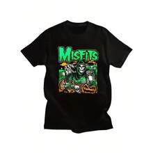 Men's Heavy Metal Misfits Skull Graphic T-Shirt - 100% Cotton Black Punk Rock Tee With Edgy Skeleton & Flames Print, Short Sleeve Casual Streetwear For Concerts, Festivals & Casual Attire, Music Fan Apparel | Soft Texture Shirt, Punk Accessories - 黑色 - 查看 1