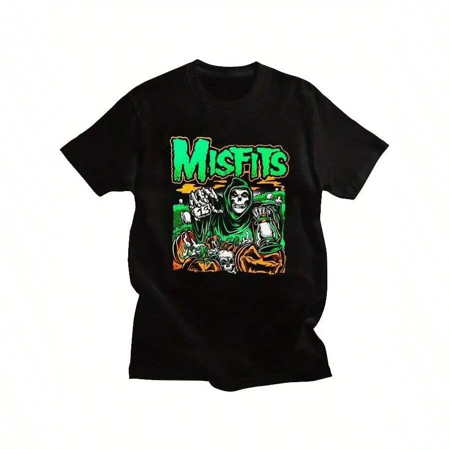 Men's Heavy Metal Misfits Skull Graphic T-Shirt - 100% Cotton Black Punk Rock Tee With Edgy Skeleton & Flames Print, Short Sleeve Casual Streetwear For Concerts, Festivals & Casual Attire, Music Fan Apparel | Soft Texture Shirt, Punk Accessories - 黑色 - 查看 1