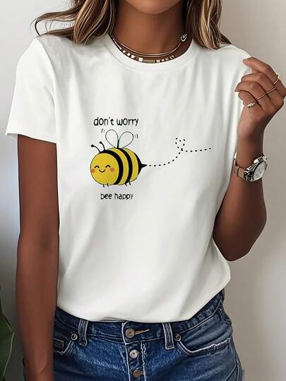 Women's White 180g Cotton Round Neck Short Sleeve Bee Print T-Shirt With 'Don't Worry Bee Happy' Text, Casual Graphic Tee For Summer Fashion, Lightweight And Comfortable Top For Daily Wear