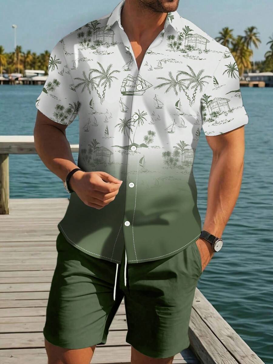 男士两件套热带椰子树印花短袖衬衫和短裤套装，休闲夏季户外活动，舒适服装 - 綠色 - 查看 1