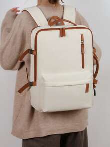 Zaino da viaggio espandibile, zaino per laptop multifunzione di grande capacità per donne - Beige, cinghie regolabili, scomparti multipli, materiale in nylon, zaino da lavoro