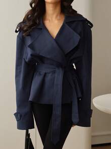女款海军蓝系带风衣，瀑布领，长袖，采用常规无弹力机织面料 - 寶藍色 - 查看 5