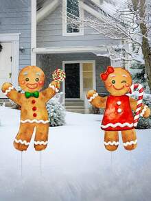 2件套户外圣诞装饰品，姜饼男孩和女孩塑料庭院插牌，姜饼屋圣诞庭院插牌，16英寸简约冬季标志，适用于草坪、花园、前门、农舍门廊等。圣诞节假日小径花园露台派对礼物 - 彩色 - 查看 7