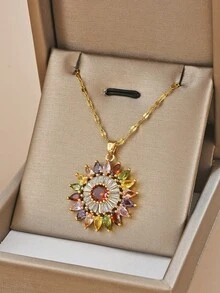 1 件不锈钢彩色锆石向日葵吊坠项链，适合女性日常佩戴，女士金项链，高品质 18K 金项链，女士珠宝项链，菊花，雏菊 - 金黃色 - 查看 4
