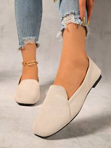 Women's Square Toe Soft Bottom Slip-On Flats, Fashion Versatile Loafers, Breathable Solid Color Patchwork, Suitable For Casual, Beach, Party, Commuting, Basic, Spring/Summer/Autumn/Winter