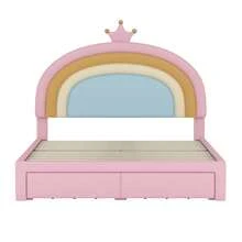 PRINCESS LOVESEAT SOFA BED PU LEATHER UPHOLSTERED LOW SOFA BED WITH BUTTON TUFTED CUTE CROWN HEADBOARD FOR KIDS, PINK