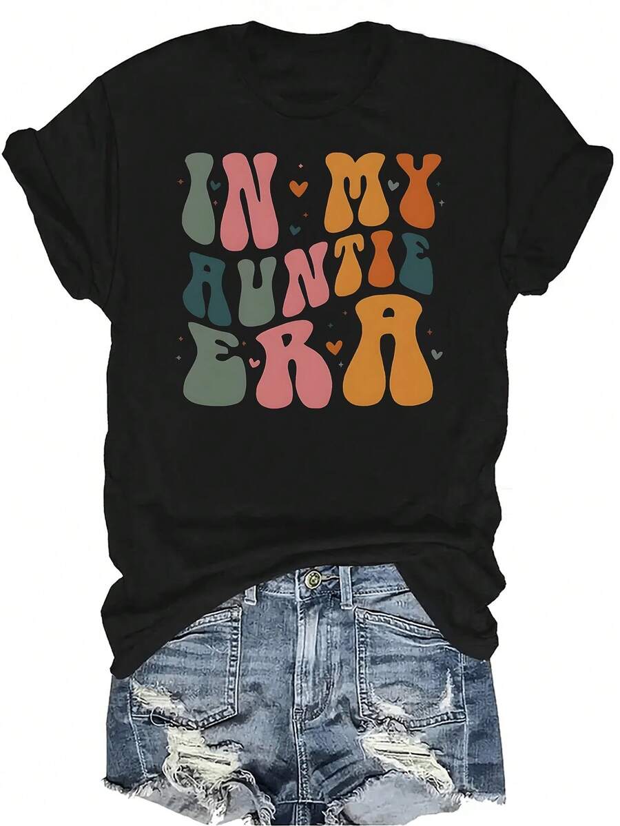 Camiseta "En la era de mi tía" para mujer, unisex, de verano, casual, transpirable, con personalidad, cuello redondo, manga corta, ropa de calle, versátil, adecuada para adolescentes y adultos - Negro - Ver 1