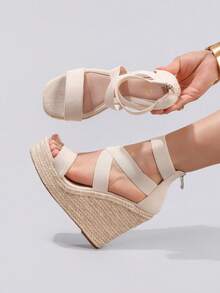 女士休闲帆布坡跟凉鞋，米色露趾踝带厚底鞋，拉链开合，夏季时尚休闲系带凉鞋