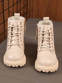 1 Pair Toddler/Kids Matte Leather Mid-Calf Boots, Lace-Up & Zipper Design, Round Toe, Soft Sole, Fashion & Cute Princess Style, Suitable For 3-12 Years Old Boys & Girls, Autumn/Winter - Beige - View 9