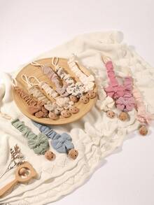 2pcs Baby Solid & Printed Pacifier Clips, Bowknot Pacifier Holder, Wooden 3-Hole Pacifier Clips, Suitable For Daily Use In Blue, Pink, Khaki