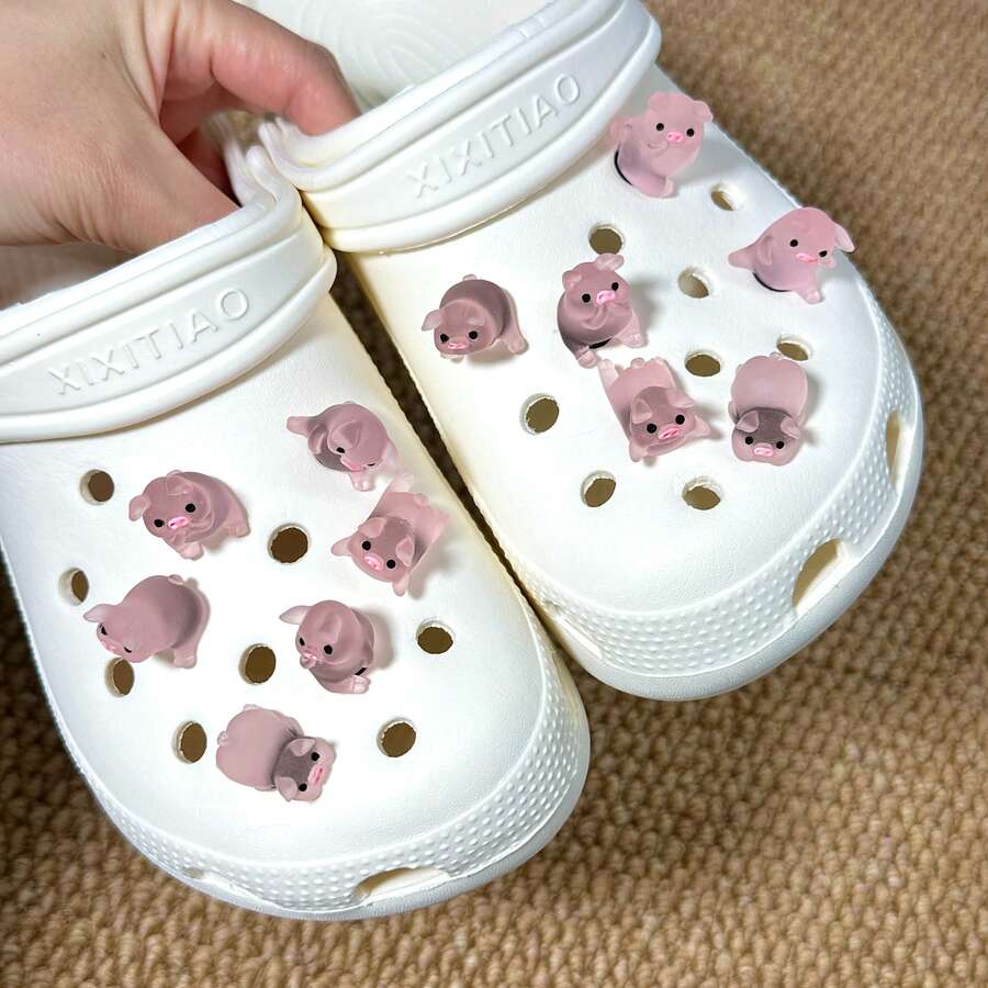 6 件可爱小猪小雕像鞋饰套装 - 多功能时尚塑料配件，适用于木屐和凉鞋，非常适合个性化您的鞋类、鞋类装饰|俏皮设计|耐用塑料