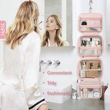 Travel Toiletry Bag & Makeup Bag With Jewelry Storage , Portable Hanging Organizer For Full-Sized Shampoo, Conditioner, Brushes Set, Makeup Accessories,Travel Essential,Large Size - 淺粉色 - 查看 2