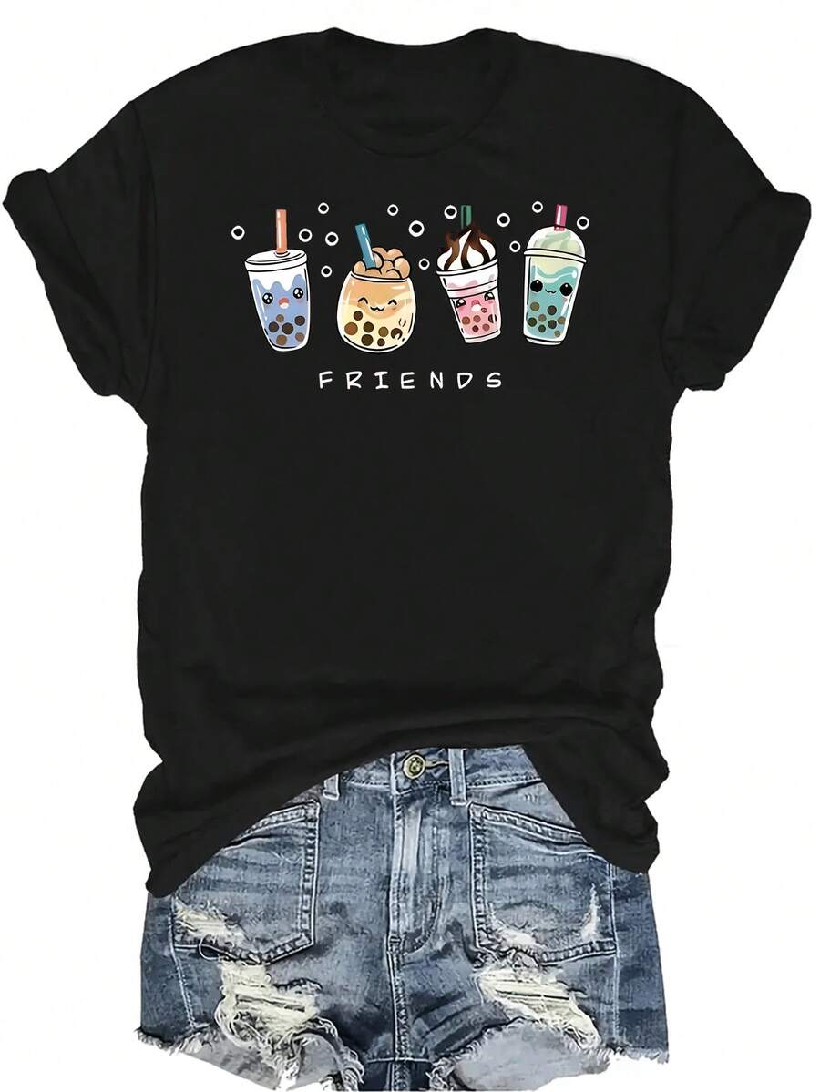 Camiseta de Té con Leche de Perla para Mujer y Unisex, Casual de Verano, Transpirable, de Cuello Redondo, de Manga Corta, Estilo Urbano Versátil, Adecuada para Adolescentes y Adultos - Negro - Ver 1