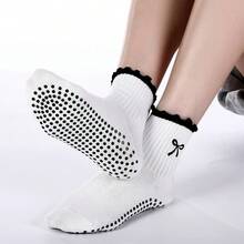 Non Slip Pilates Socks For Women - Cute Ruffle Yoga Socks With Grip, Embroidery Pattern - 黑色 - 查看 5