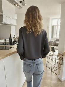1pc Solid Color Polyester Front Button Shirt, Casual & Resort Wear, Spring/Autumn Black - Black - View 2