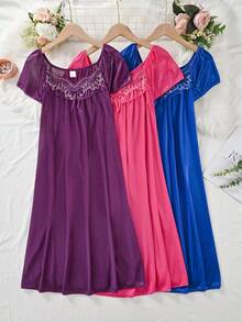 3-Pack Women's Lace Embroidered Satin Nightdress Collection: Made With Smooth Satin Fabric And Mesh Accent-Combining Elegant Design With Cozy Comfort For A Perfect Night's Sleep And Relaxing Lounging Sessions - Dark purple + rose red + royal blue - 查看 2