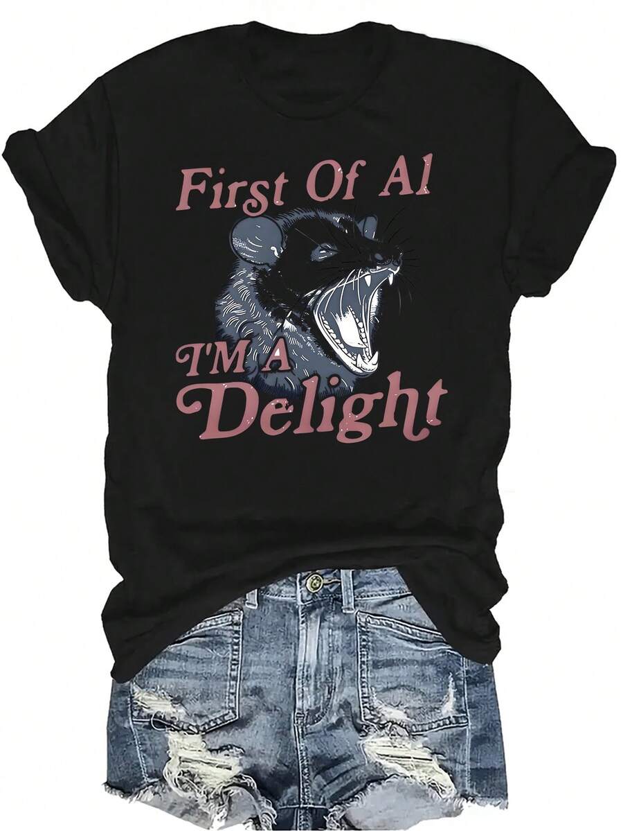Camiseta "Soy un deleite" para mujer y unisex, de verano, casual, transpirable, con personalidad, cuello redondo, manga corta, ropa de calle, versátil, adecuada para adolescentes y adultos - Negro - Ver 1