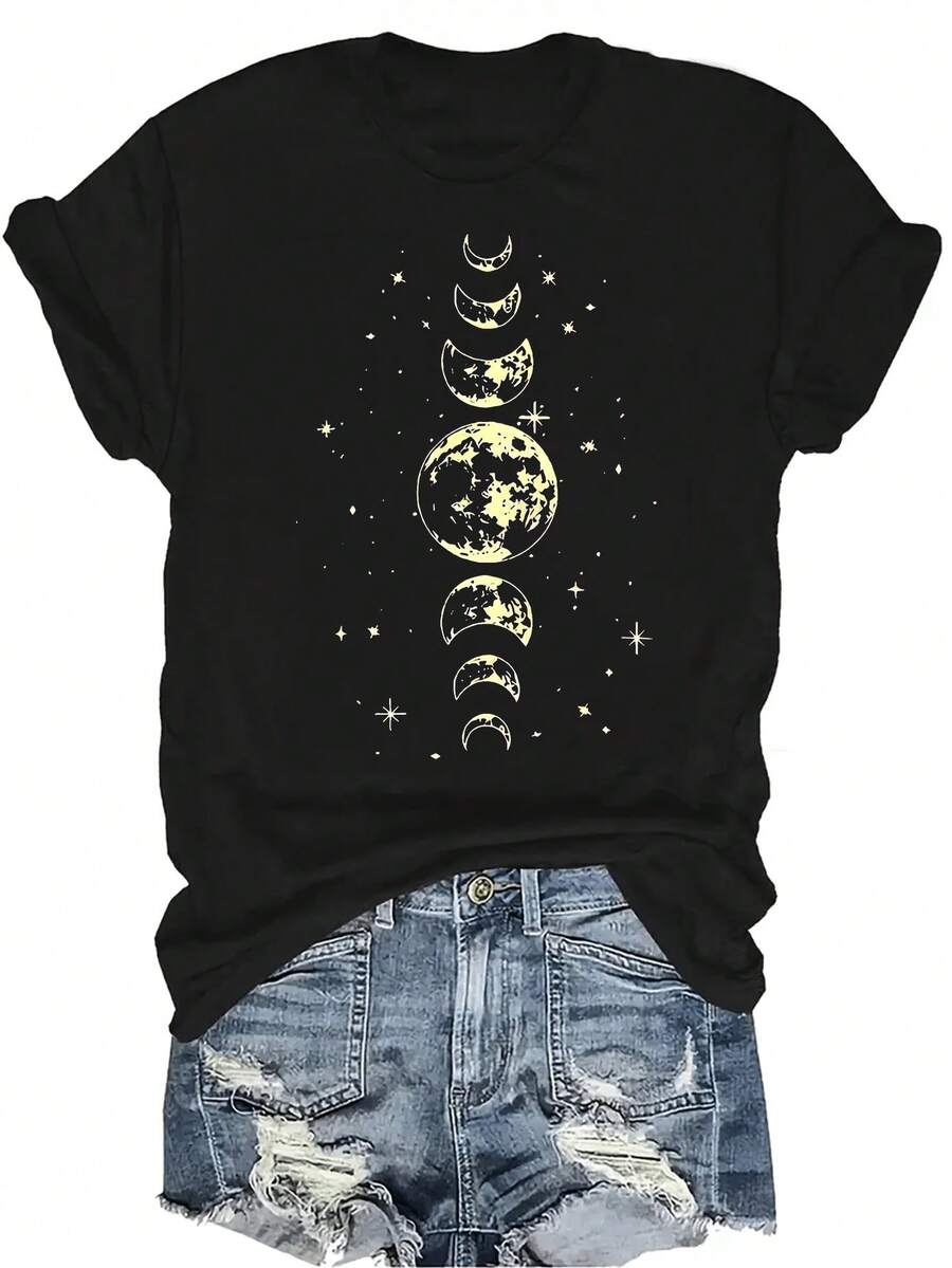Camiseta con patrones interesantes para mujer y unisex, de verano, casual, transpirable, con cuello redondo, manga corta, estilo urbano y versátil, adecuada para adolescentes y adultos - Negro - Ver 1