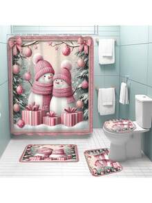 1pc/4pcs Christmas Theme, Pink Snowman Bathroom Set, Christmas Holiday Bathroom Decor, Bring Festive Atmosphere To Your Bathroom, Printed Shower Curtain With 12 Hooks, Bathroom Non-Slip Mat, U-Shaped Floor Mat And Round Toilet Lid Cover, Bathroom Set For All Scenarios