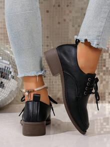 Solid Color Preppy School Style Lace-Up Office High Heel Shoes, Non-Slip Thick Heel Square Toe Shoes, Simple Fashion Sexy Comfortable Low Price Casual Loafers, Country Outdoor Ladies High Heel Shoes, Dance Shoes, Fashion Shoes