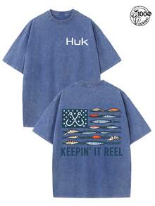 HUK Heavyweight 230GSM Fishing T-Shirt - American Flag & Fish Print Back-To-Back Print, "KEEPIN' IT REEL" Slogan - Men's & Women's Crewneck Tee For Anglers, Outdoor Activities, Streetwear - Machine Washable Casual Shirt Gift, Angler Clothing, Bold Print Top, Durable Fabric - Royal Blue - View 1