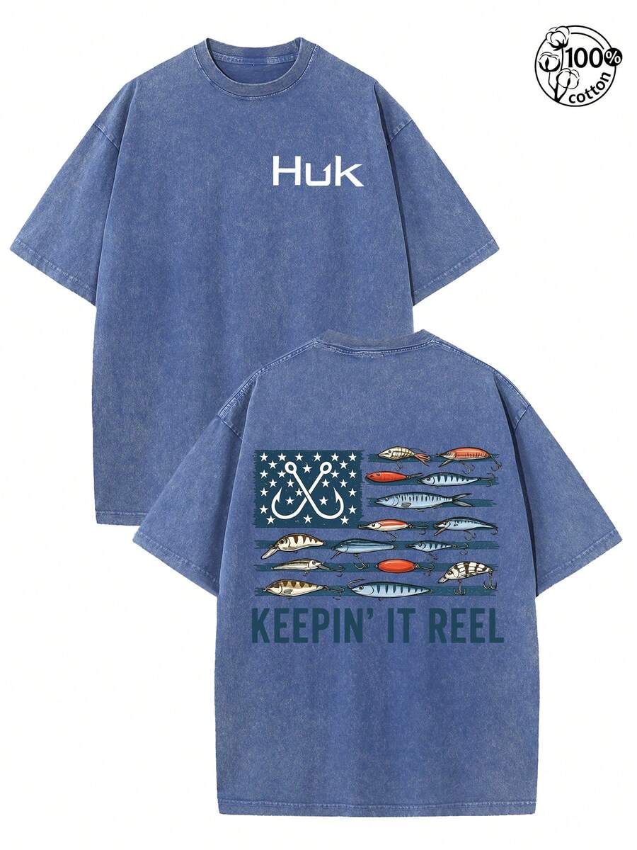 HUK Heavyweight 230GSM Fishing T-Shirt - American Flag & Fish Print Back-To-Back Print, "KEEPIN' IT REEL" Slogan - Men's & Women's Crewneck Tee For Anglers, Outdoor Activities, Streetwear - Machine Washable Casual Shirt Gift, Angler Clothing, Bold Print Top, Durable Fabric - Royal Blue - View 1