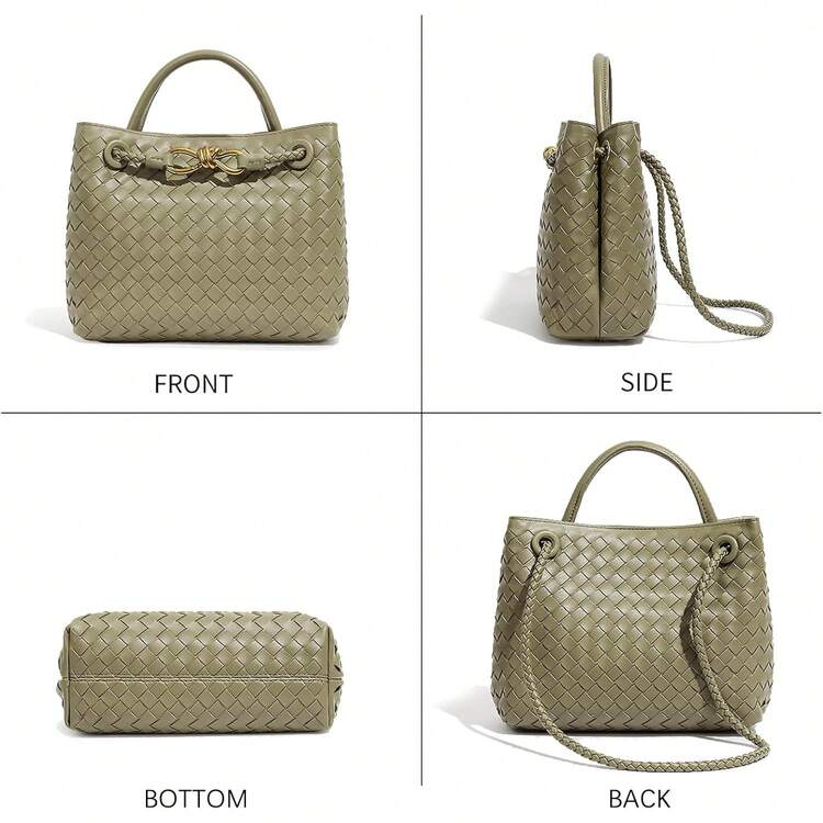 Woven Bag For Women Tote Top Leather Handbags Shoulder Crossbody Satchel Bags-2025 - Green - View 3